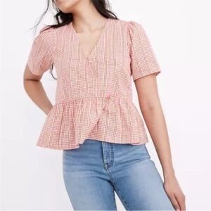 Madewell Cotton Red Gingham Puff Sleeve Wrap top XS Red White